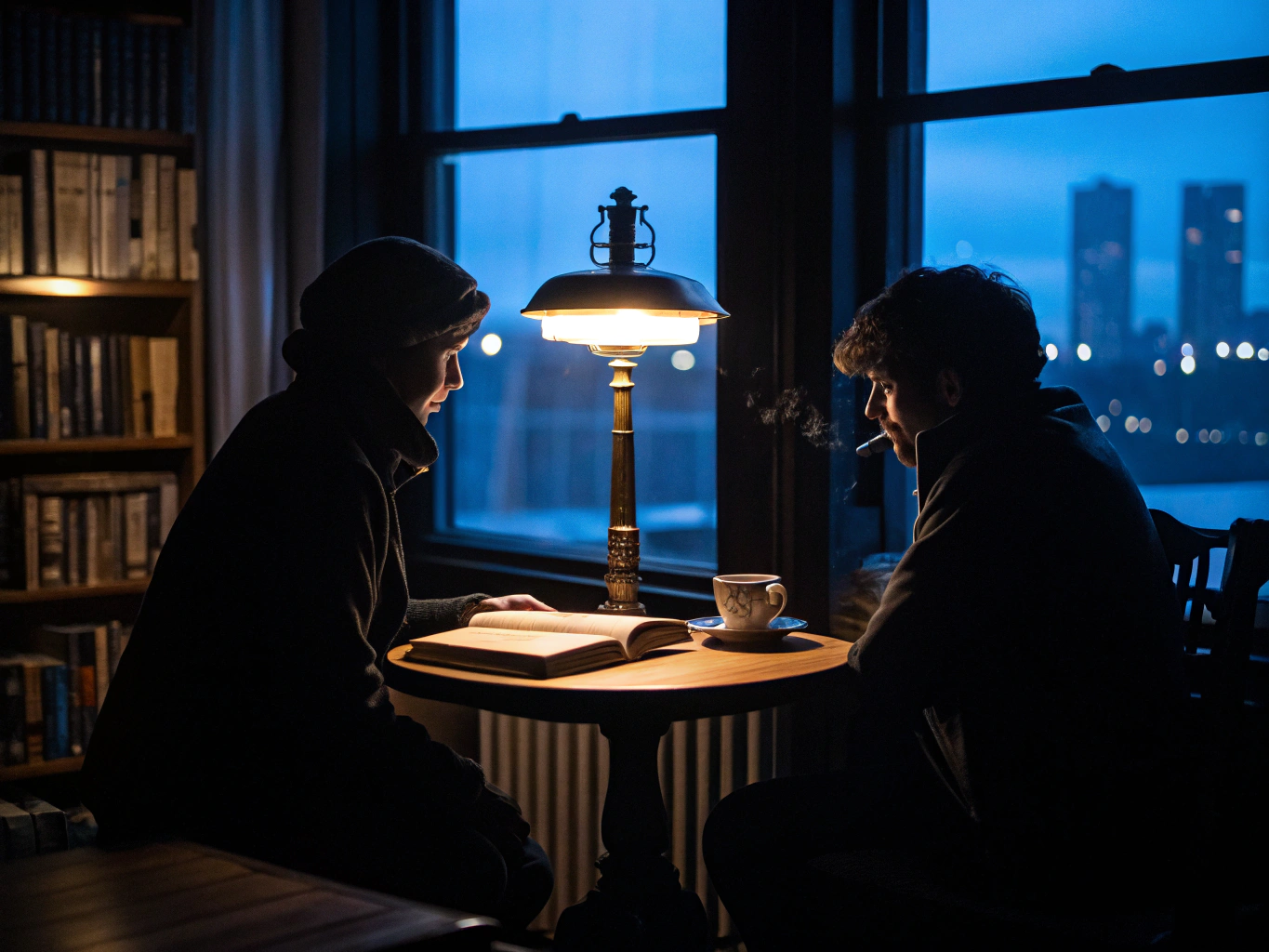Conversa serena e atenta entre duas pessoas num gabinete luminoso de Lisboa
